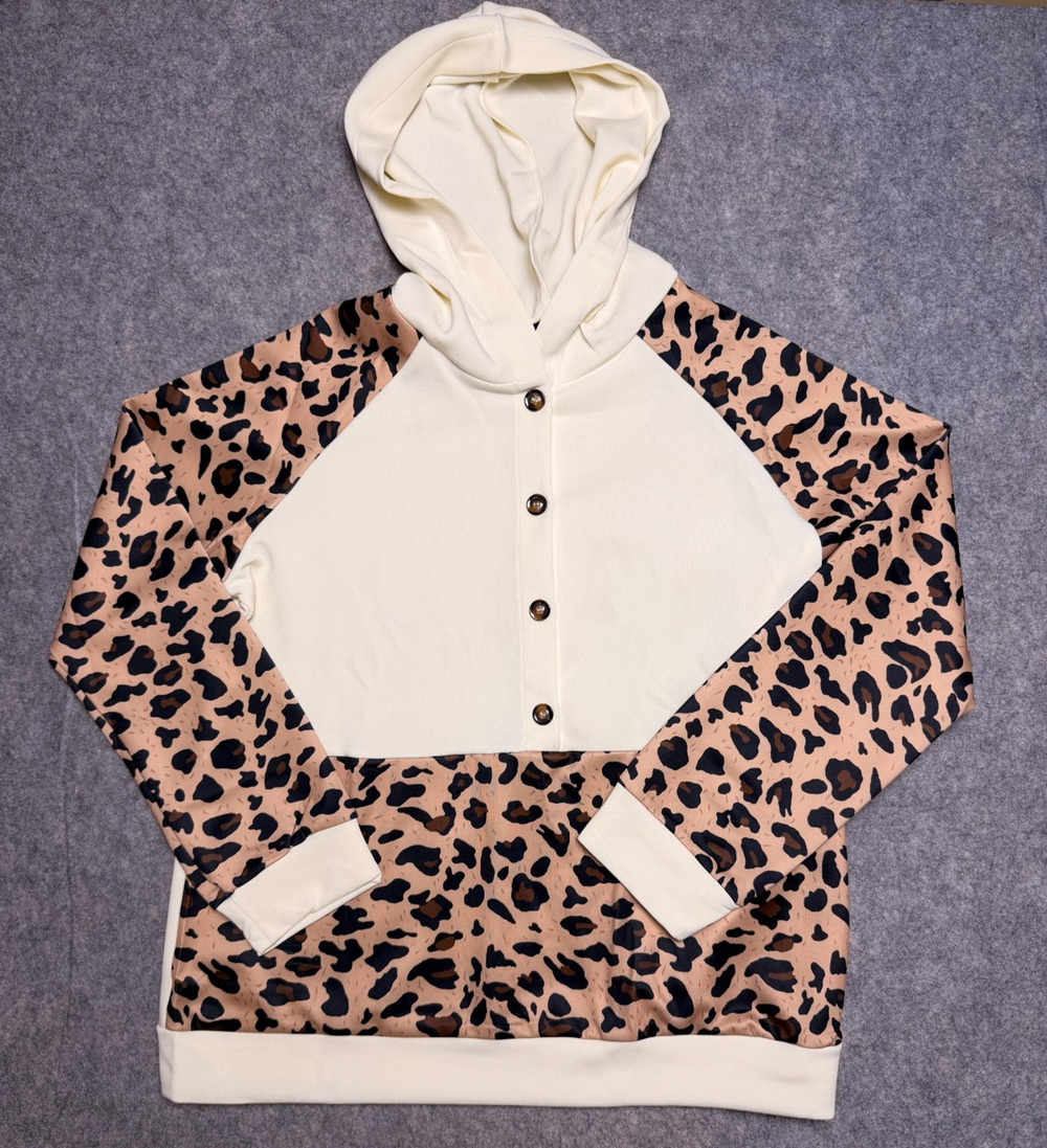 Leopard Print Hoodie Cream Black Animal Print Sweatshirt Women's Large